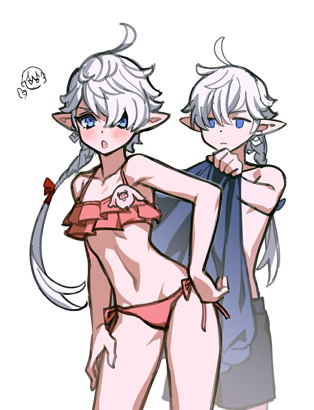 1boy, 1girl, :|, ahoge, alisaie_leveilleur, alphinaud_leveilleur, alternate_costume, bare_arms, bare_shoulders, bikini, black_male_swimwear, black_swim_trunks, blue_eyes, blush, braid, braided_ponytail, brother_and_sister, closed_mouth, collarbone, contrapposto, cowboy_shot, earclip, earrings, elezen, elf, empty_eyes, final_fantasy, final_fantasy_xiv, frilled_bikini, frills, hair_ribbon, hand_on_own_hip, hand_on_own_thigh, highres, holding, holding_towel, jewelry, looking_at_viewer, male_swimwear, midriff, navel, open_mouth, pink_bikini, pointy_ears, porxie_(ff14), ribbon, siblings, side-tie_bikini_bottom, simple_background, single_braid, single_earring, standing, swept_bangs, swim_trunks, swimsuit, towel, twins, unamused, white_background, white_hair, wuliu_heihuo