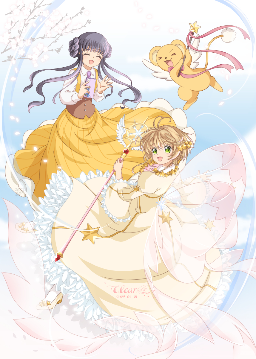 2022, 2girls, :d, ^_^, blonde_hair, braid, braided_bun, cardcaptor_sakura
