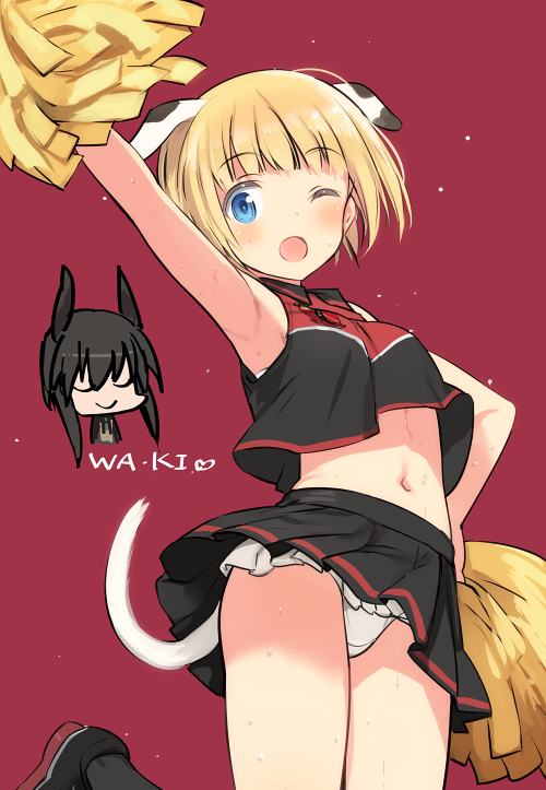 2girls, 504th_joint_fighter_wing, 504th_joint_fighter_wing_(emblem), animal_ears, arm_up, blonde_hair, blue_eyes, cheerleader