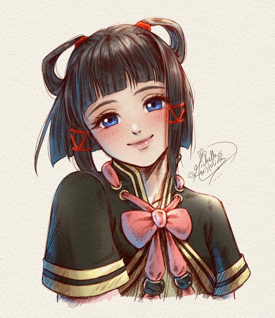 black_hair, blue_eyes, bow, gensou_suikoden, gensou_suikoden_v, hair_rings, lyon_(suikoden), michelle_kristolia