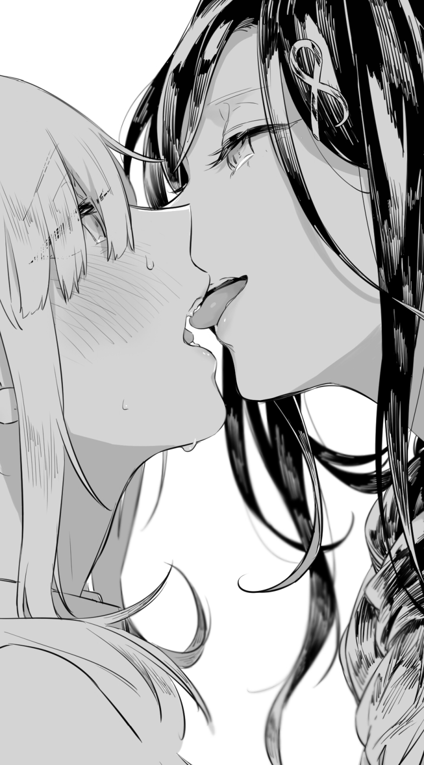 2girls, ahoge, black_hair, couple, eye_contact, french_kiss, hair_over_one_eye, highres