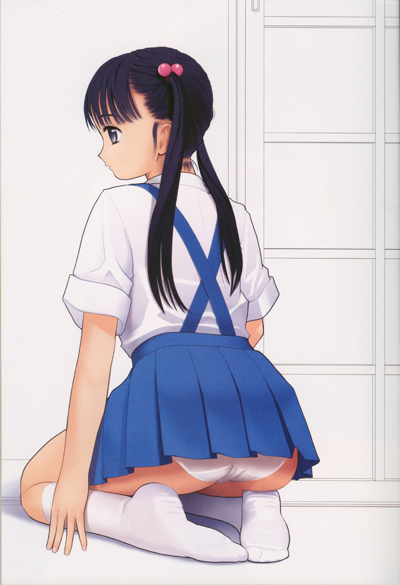 1girl, ass, black_eyes, black_hair, blue_skirt, feet, female_focus, from_behind, hair_bobbles, hair_ornament, highres, hizashi_no_naka_no_real, kneeling, mu_soft, no_shoes, panties, pantyshot, pleated_skirt, school_uniform, sitting, skirt, socks, solo, tsutsumi_kinuka, twintails, underwear, white_panties, yukiyoshi