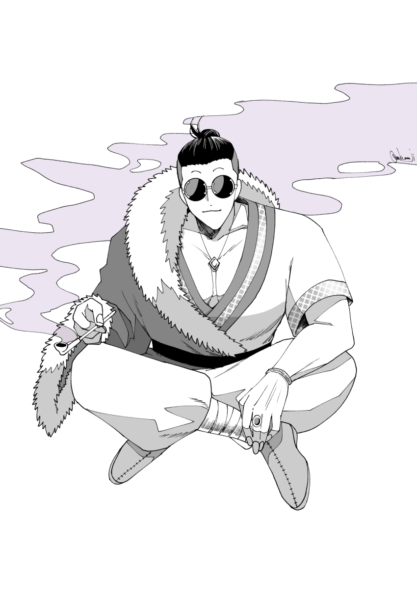 1boy, attila_(rosen_garten_saga), black_hair, fur_trim, greyscale, hair_bun, highres, holding