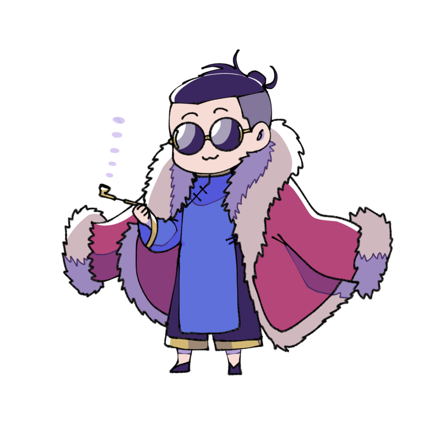 1boy, attila_(rosen_garten_saga), black_hair, blue_dress, chibi, chinese_clothes, cigarette_holder, coat, coat_on_shoulders, dress, facing_viewer, fur_coat, hair_bun, highres, holding, holding_smoking_pipe, maejima_(natsu1009), rosen_garten_saga, round_eyewear, short_hair, simple_background, smoke, smoking_pipe, solo, sunglasses, undercut, white_background