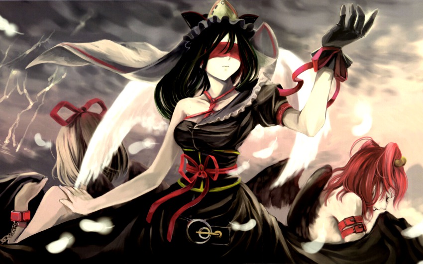 3girls, black_hair, blindfold, chain, cradle_(circle), feathers, female_focus, gloves, highres, justitia_(mythology), lightning, medicine_melancholy, misaki_kurehito, multiple_girls, mythology, non-web_source, onozuka_komachi, shiki_eiki, team_shanghai_alice, touhou, wings