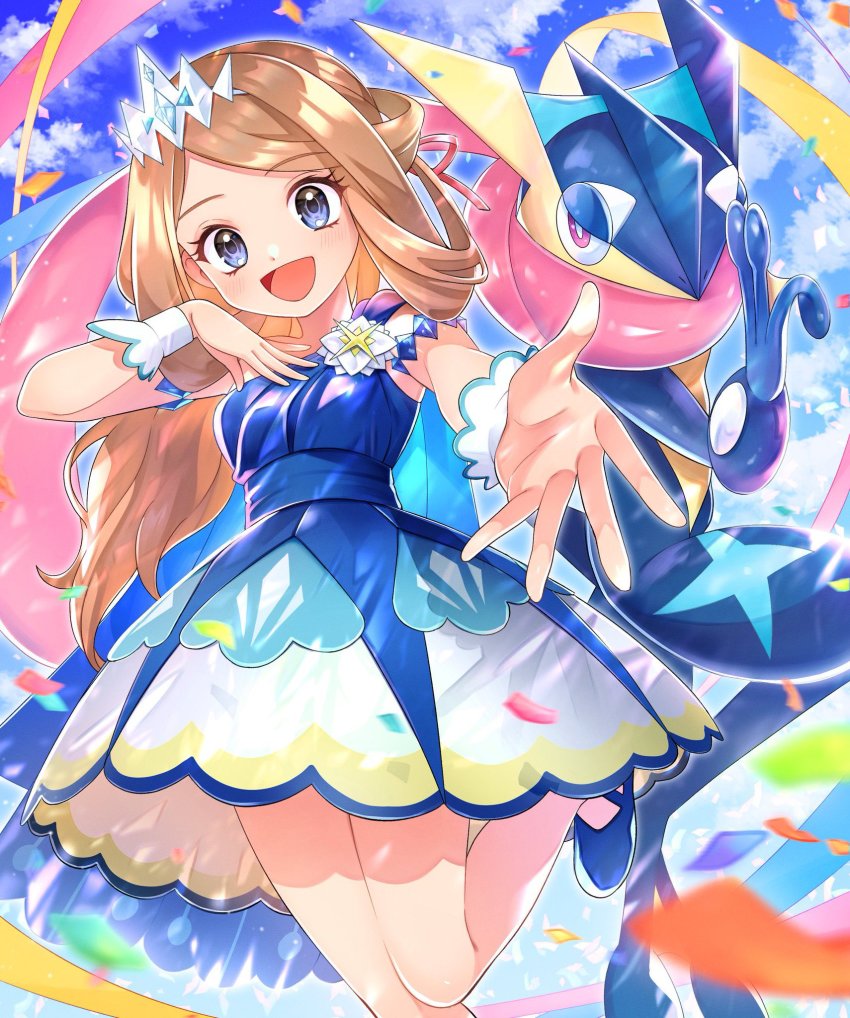 1girl, :d, armlet, blue_dress, blue_footwear, blush, cloud, commentary_request, confetti, day, dress, eyelashes, gen_6_pokemon, greninja, grey_eyes, hair_ribbon, hand_up, highres, jewelry, kosi, leg_up, long_hair, nintendo, official_alternate_costume, open_mouth, outdoors, pokemon, pokemon_(creature), pokemon_masters_ex, ribbon, serena_(champion)_(pokemon), serena_(pokemon), shoes, sky, smile, spread_fingers, tiara, tongue, wrist_cuffs
