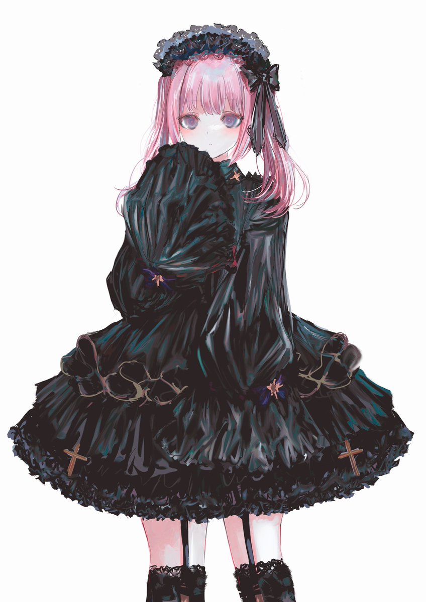 1girl, black_dress, black_headband, black_ribbon, black_socks, blue_eyes, blunt_bangs, cowboy_shot, cross, dress, dress_flower, flower, frilled_headwear, frills, garter_straps, gothic_lolita, grey_eyes, hair_ribbon, hand_up, headband, kaf_(kamitsubaki_studio), kamitsubaki_studio, kneehighs, light_blush, lolita_fashion, long_sleeves, mnemo, multicolored_eyes, pink_hair, puffy_sleeves, ribbon, short_dress, sidelocks, simple_background, sleeves_past_fingers, sleeves_past_wrists, socks, solo, thighhighs, twintails, virtual_youtuber, white_background, yellow_eyes, zettai_ryouiki