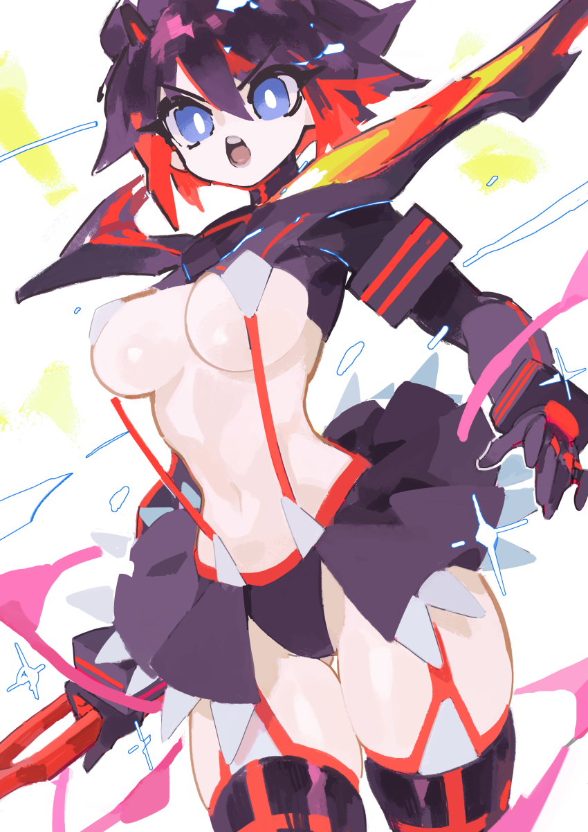 1girl, absurdres, black_hair, black_thighhighs, blue_eyes, breasts, cleavage, gluteal_fold