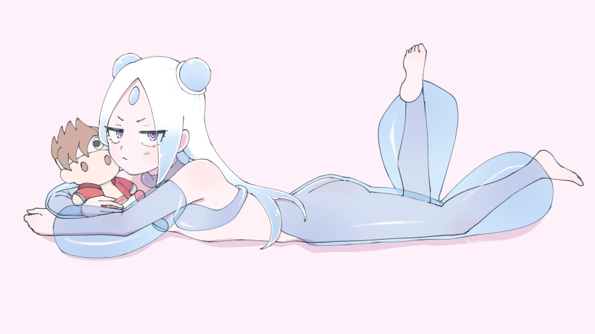 1boy, 1girl, aladdin_(rosen_garten_saga), brown_hair, hugging_doll, flat_chest, forehead_jewel, gradient_hair, hairpods, headband, highres, jacket, leg_up, long_hair, looking_at_viewer, lying, maejima_(natsu1009), mjinn_(rosen_garten_saga), multicolored_hair, hugging_object, on_stomach, purple_eyes, red_jacket, revealing_clothes, ringed_eyes, rosen_garten_saga, see-through_clothes, see-through_legwear, see-through_sleeves, short_hair, simple_background, white_hair