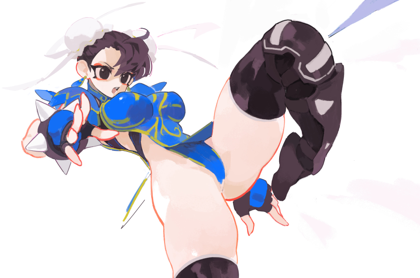 1girl, absurdres, alternate_costume, bracelet, breasts, brown_eyes, brown_hair, bun_cover, capcom, china_dress, chinese_clothes, chun-li, commentary_request, covered_erect_nipples, double_bun, dress, earrings, eyeliner, fighting_stance, fingerless_gloves, gloves, gold_trim, hair_bun, hair_ornament, highleg, highres, jewelry, kicking, knee_pads, large_breasts, leg_up, liba_(leo8d), makeup, martial_arts, official_alternate_costume, open_mouth, pelvic_curtain, red_eyeliner, short_sleeves, simple_background, skindentation, solo, spiked_bracelet, spikes, street_fighter, street_fighter_v, thick_thighs, thighhighs, thighs, turtleneck, white_background