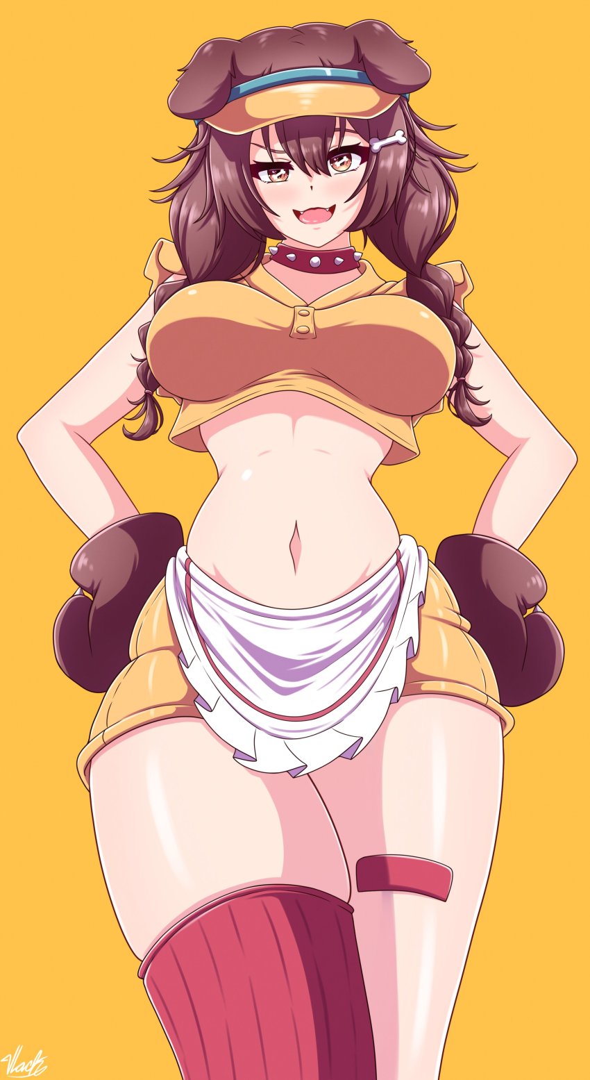 1girl, :3, absurdres, animal_hands, apron, bone-shaped_pupils, bone_hair_ornament, braid, breasts, cartoon_bone, collar, dog_girl, dog_paws, dog_tail, doggy_god's_street, fangs, from_below, gloves, hair_ornament, hands_on_own_hips, highres, hololive, inugami_korone, large_breasts, low_twin_braids, miniskirt, navel, open_mouth, paw_gloves, red_socks, simple_background, skirt, socks, solo, spiked_collar, spikes, symbol-shaped_pupils, tail, thick_thighs, thighs, twin_braids, virtual_youtuber, visor_cap, vlack, waist_apron