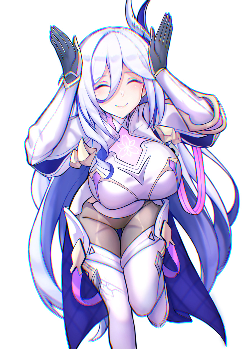 1girl, absurdres, black_pantyhose, boots, breasts, cecilia_schariac, chromatic_aberration, closed_eyes, closed_mouth, foot_out_of_frame, gloves, hair_between_eyes, hair_ornament, highres, honkai_(series), honkai_impact_3rd, jo_an, large_breasts, leaning_forward, leg_up, long_hair, long_sleeves, misteln_schariac, pantyhose, rabbit_pose, simple_background, smile, solo, standing, standing_on_one_leg, thigh_boots, thigh_gap, very_long_hair, white_background, white_boots, white_hair