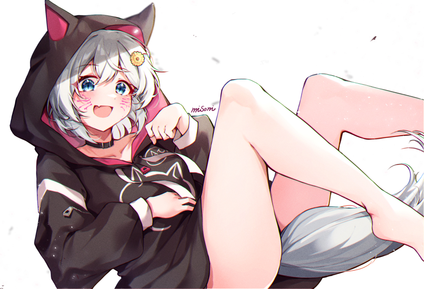 1girl, :d, animal_ears, animal_hood, barefoot, black_hoodie, blue_eyes, blush