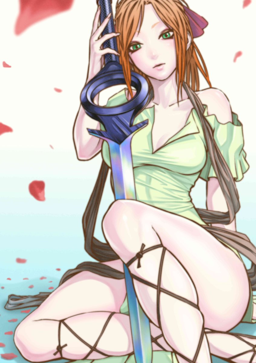 1girl, bow, breasts, brown_hair, cleavage, cross-laced_clothes, cross-laced_legwear, dress, falling_petals, gladiator_sandals, gram_(rosen_garten_saga), green_eyes, hair_bow, highres, holding, holding_sword, holding_weapon, legs, long_hair, looking_at_viewer, lynn_(rosen_garten_saga), off-shoulder_dress, off_shoulder, official_art, petals, rosen_garten_saga, sandals, simple_background, sitting, small_breasts, solo, sword, thick_thighs, thighs, tonouka_yousetsu, weapon, white_background