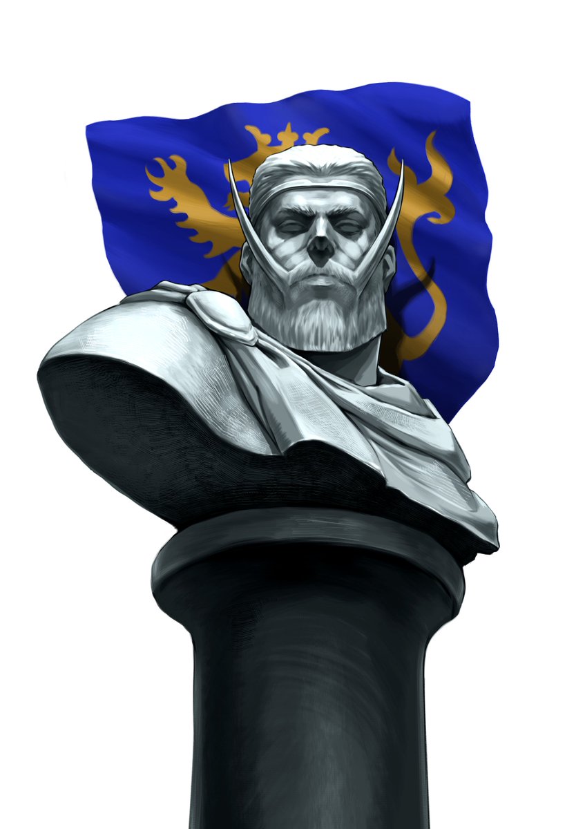 1boy, beard, beowulf_(rosen_garten_saga), bust_(sculpture), facial_hair, flag, handlebar_mustache, highres