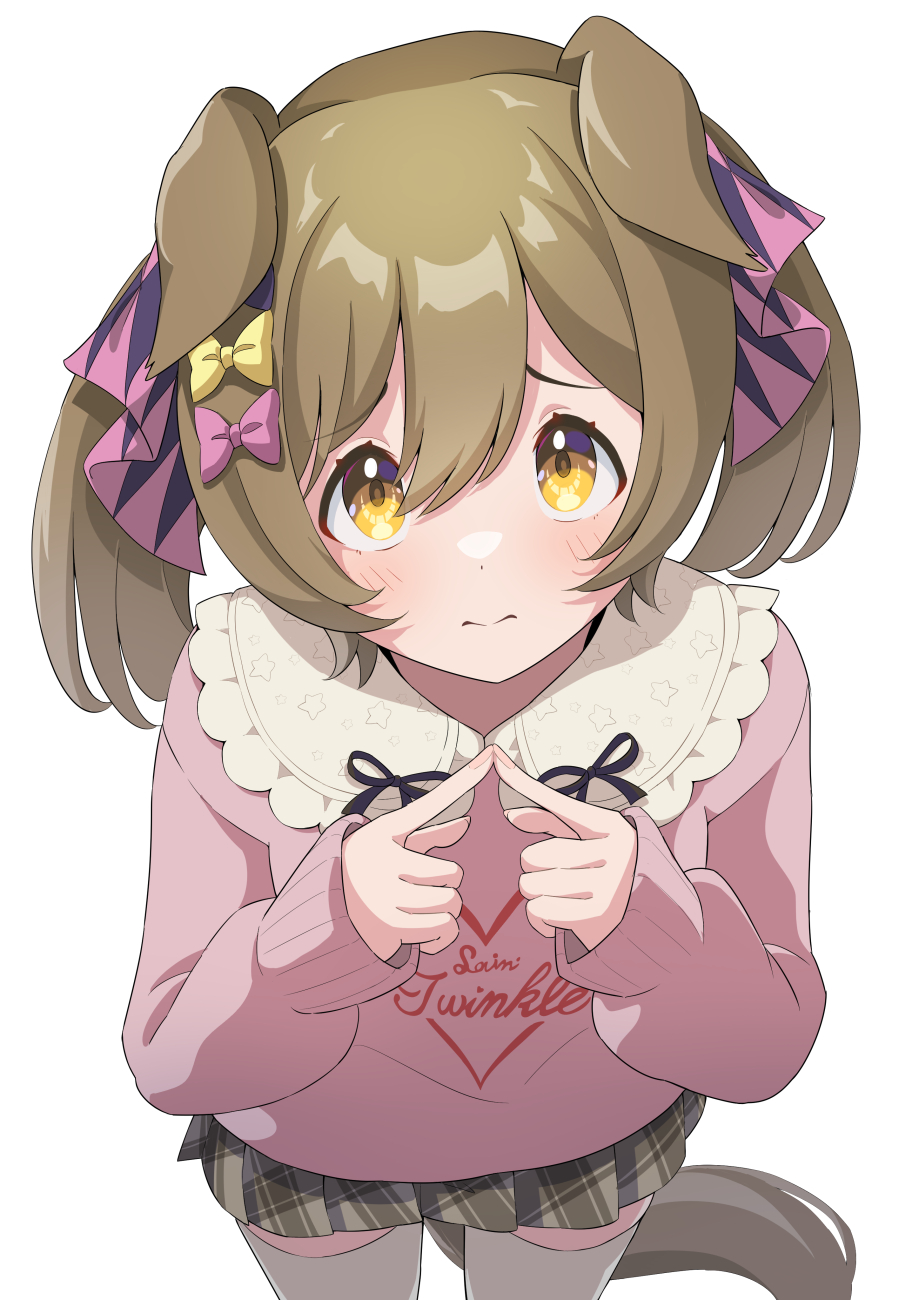 1girl, animal_ears, blush, casual, commentary_request, fidgeting, hair_between_eyes, hair_ornament