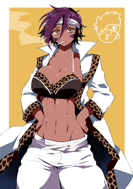 1boy, 1girl, abs, aladdin_(rosen_garten_saga), alibaba_(rosen_garten_saga), animal_print, blush, bra, breasts, brown_eyes, cigarette, cleavage, closed_eyes, coat, dark-skinned_female, dark_skin, genderswap, genderswap_(mtf), headband, large_breasts, leopard_print, looking_at_viewer, midriff, muscular, muscular_female, open_mouth, popped_collar, purple_hair, rosen_garten_saga, short_hair, simple_background, smoke, smoking, solo_focus, underwear, white_coat, yellow_background, yosiokunn