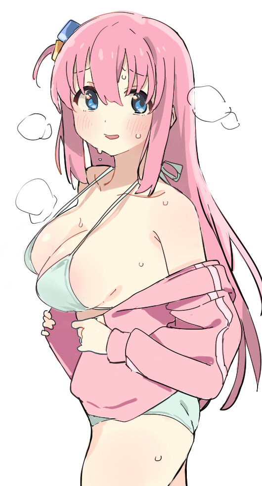 1girl, ass, bocchi_the_rock!, bra, breasts, cleavage, collarbone, cube_hair_ornament, gotoh_hitori, hair_ornament, hei_(tonarinohey), jacket, large_breasts, looking_at_viewer, open_clothes, open_jacket, panties, pink_hair, pink_jacket, sideboob, simple_background, thighs, underwear, white_background, white_bra, white_panties