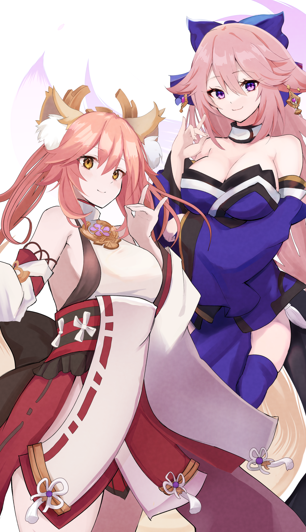 2girls, animal_ear_fluff, animal_ears, blue_bow, blue_kimono, blue_thighhighs, bow, breasts