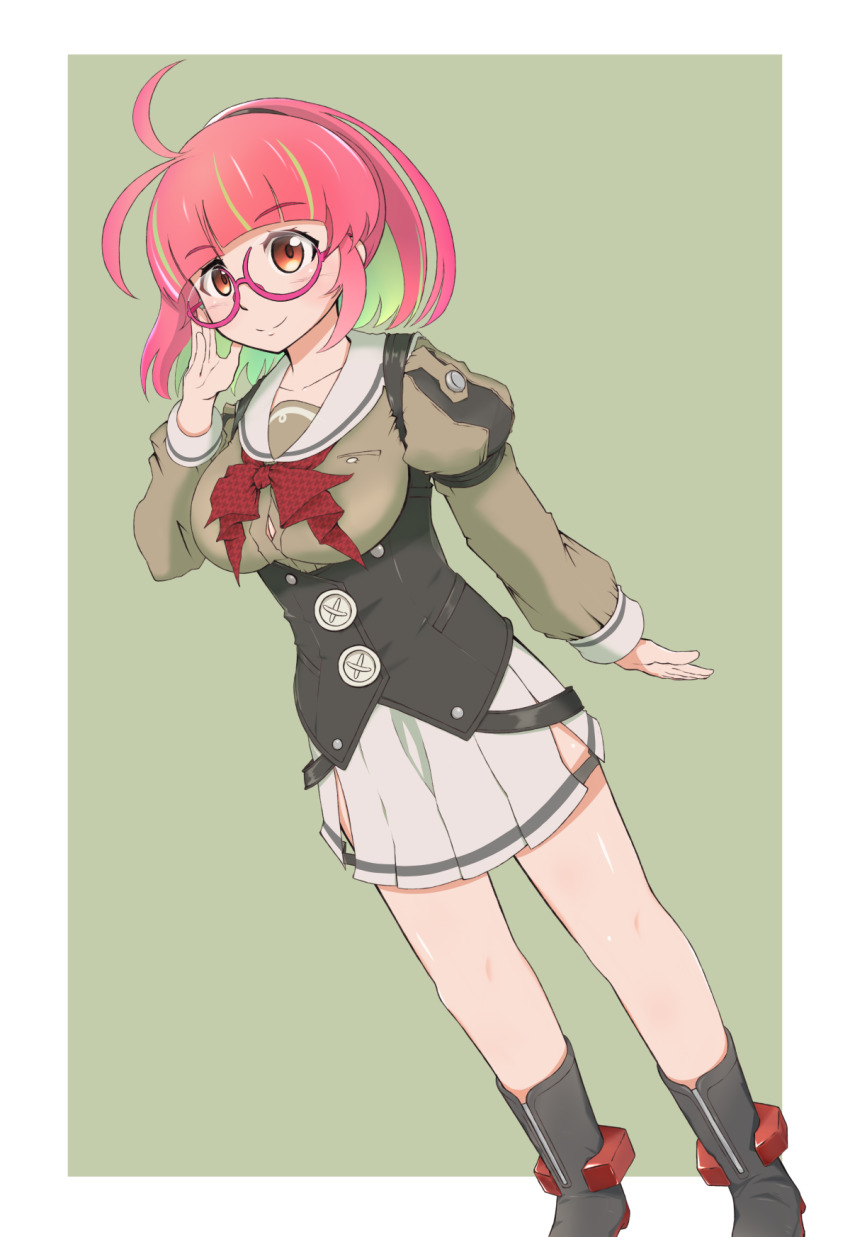 1girl, ahoge, bad_id, bad_pixiv_id, black_boots, bob_cut, boots, bow, bowtie, breasts, brown_eyes, glasses, green_hair, green_shirt, grey_sailor_collar, grey_skirt, highres, juliet_sleeves, kantai_collection, large_breasts, long_sleeves, miniskirt, multicolored_hair, pairu_doraiba, pink-framed_eyewear, pink_hair, pleated_skirt, ponytail, puffy_sleeves, red_bow, red_bowtie, sailor_collar, sailor_shirt, school_uniform, serafuku, shirt, short_hair, skirt, solo, standing, streaked_hair, ume_(kancolle)
