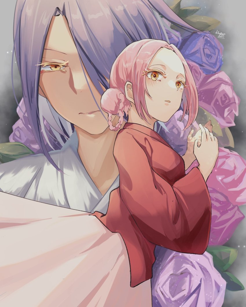 2girls, braid, braided_hair_rings, colored_eyelashes, flower, hair_bun, hair_over_one_eye, hair_rings