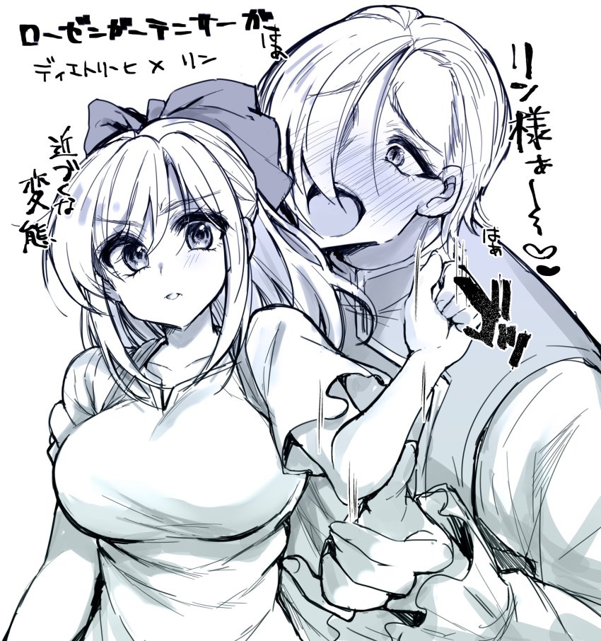 1boy, 1girl, blush, bow, breasts, dietrich_von_bern_(rosen_garten_saga), eta_24, frilled_sleeves, frills, greyscale, hair_bow, hair_over_one_eye, height_difference, highres, large_breasts, long_hair, looking_at_another, looking_at_viewer, lynn_(rosen_garten_saga), monochrome, open_mouth, rosen_garten_saga, short_hair, simple_background, sleeveless, sleeveless_jacket, white_background, white_hair