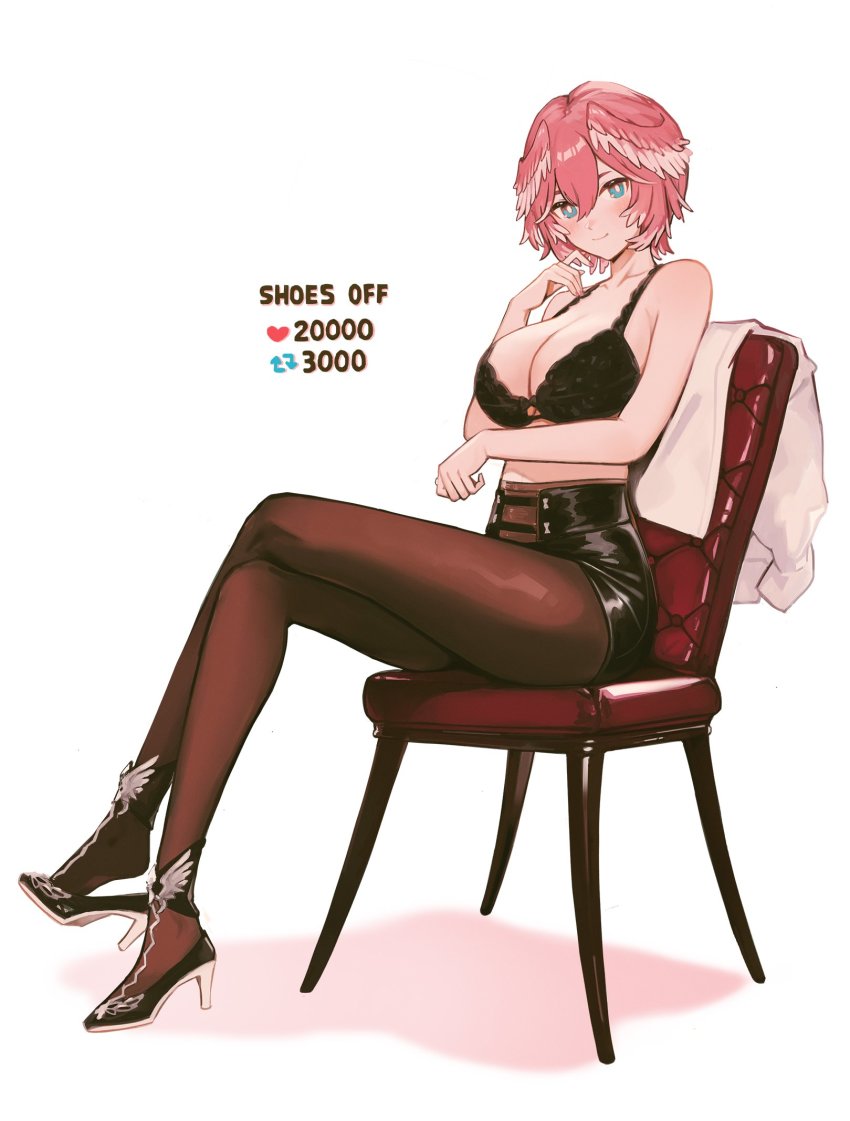 1girl, arm_under_breasts, bare_arms, bare_shoulders, black_bra, black_pantyhose, blue_eyes, bra, breasts, chair, commentary, crossed_legs, english_commentary, english_text, full_body, hair_between_eyes, head_wings, high-waist_shorts, high_heels, highres, hololive, large_breasts, legs, light_blush, like_and_retweet, looking_at_viewer, no_shirt, on_chair, pantyhose, pantyhose_under_shorts, pink_hair, renkkai, shirt, shoe_dangle, shoes, short_hair, shorts, simple_background, sitting, smile, solo, takane_lui, takane_lui_(1st_costume), twitter_strip_game, underwear, unworn_shirt, virtual_youtuber, white_background, wings