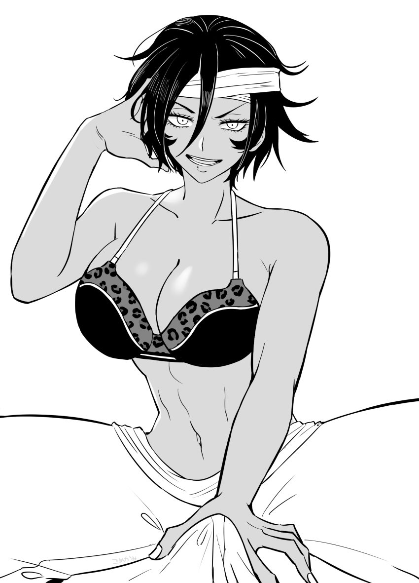 1boy, 1girl, absurdres, alibaba_(rosen_garten_saga), animal_print, black_hair, bra, breasts, bulge, cleavage, dark-skinned_female, dark_skin, erection, erection_under_clothes, genderswap, greyscale, hair_between_eyes, handjob, handjob_over_clothes, headband, highres, holding, holding_own_hair, large_breasts, leopard_print, linea_alba, looking_at_viewer, mannma17, messy_hair, midriff, monochrome, open_mouth, rosen_garten_saga, short_hair, simple_background, solo_focus, underwear, white_background