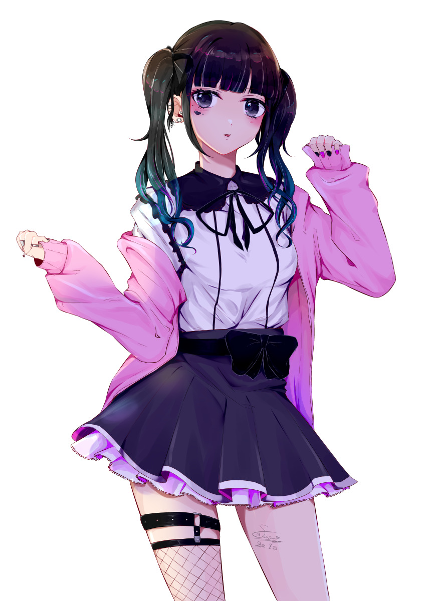 1girl, absurdres, black_bow, black_eyes, black_hair, black_nails, black_ribbon, black_skirt, blunt_bangs, bow, breasts, dated, ear_piercing, earrings, gradient_hair, gyaru, highres, jacket, jewelry, long_hair, looking_at_viewer, makeup, multicolored_hair, nail_polish, original, piercing, pink_jacket, pink_nails, ribbon, ring, shirt, simple_background, skirt, small_breasts, standing, streaked_hair, suna_yaro, thigh_strap, twintails, white_background, white_shirt