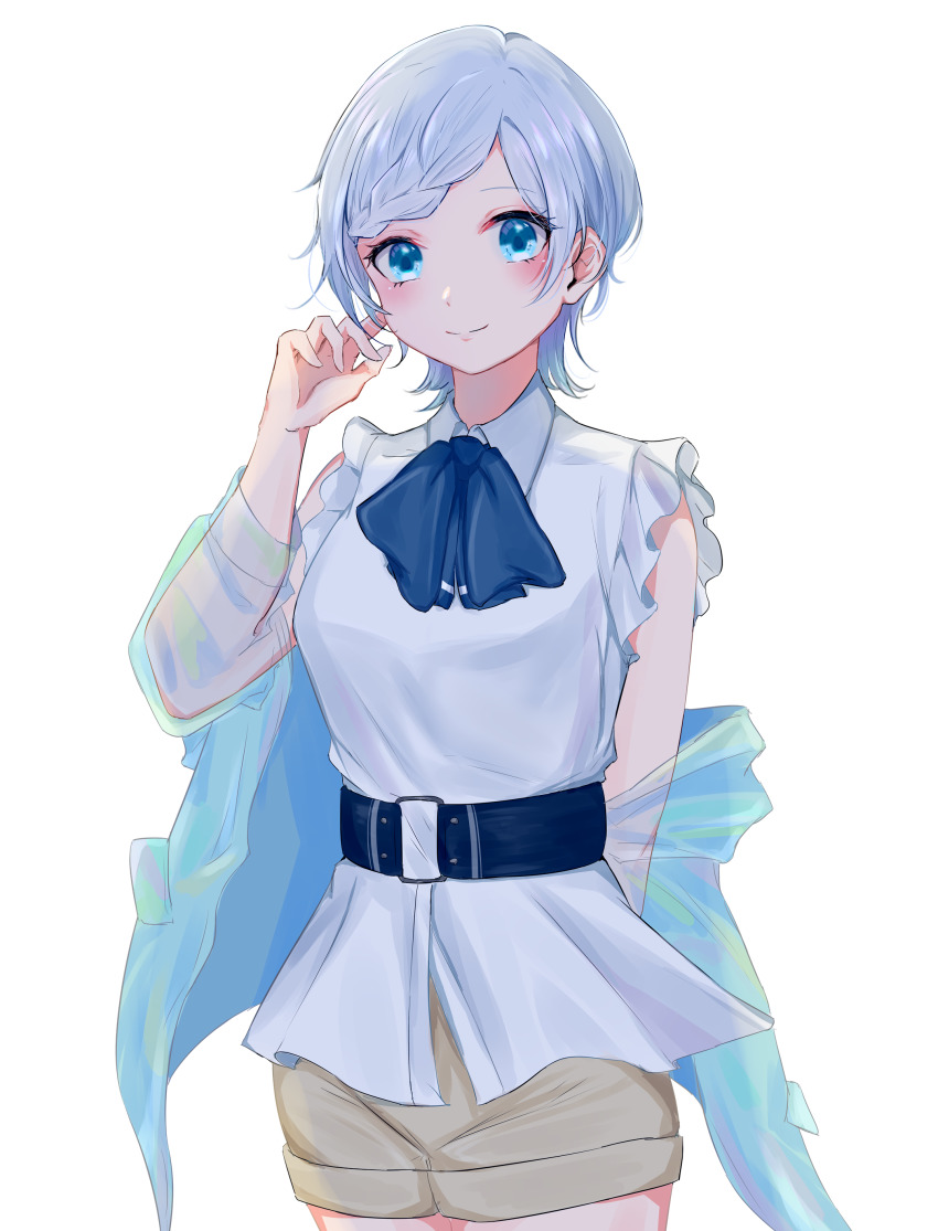 1girl, absurdres, ascot, blue_ascot, blue_eyes, blush, braid, brown_shorts, grey_hair, hand_up, highres, original, see-through_clothes, see-through_sleeves, shirt, shorts, simple_background, sleeveless, sleeveless_shirt, smile, solo, standing, suna_yaro, white_background, white_shirt