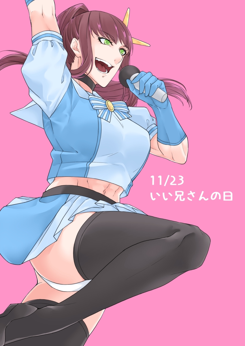 1boy, abs, arm_up, black_thighhighs, blue_gloves, blue_skirt, bow, breast_padding, brown_hair, bulge, crop_top, gloves, hair_ornament, highres, ho_shi_11, holding, holding_microphone, idol, kay_(rosen_garten_saga), long_hair, looking_to_the_side, microphone, midriff, open_mouth, pink_background, ponytail, rosen_garten_saga, sidelocks, simple_background, skirt, smile, solo, star_(symbol), star_hair_ornament, striped_bow, thighhighs, trap