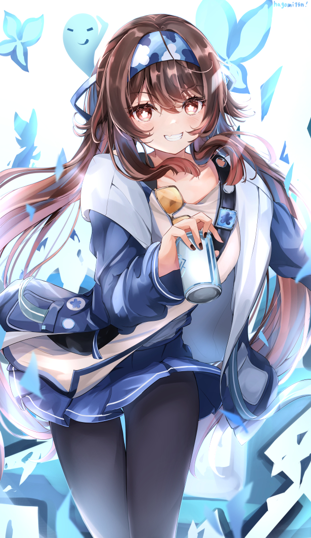 1girl, black_pantyhose, boo_tao_(genshin_impact), breasts, brown_eyes, brown_hair, can, casual