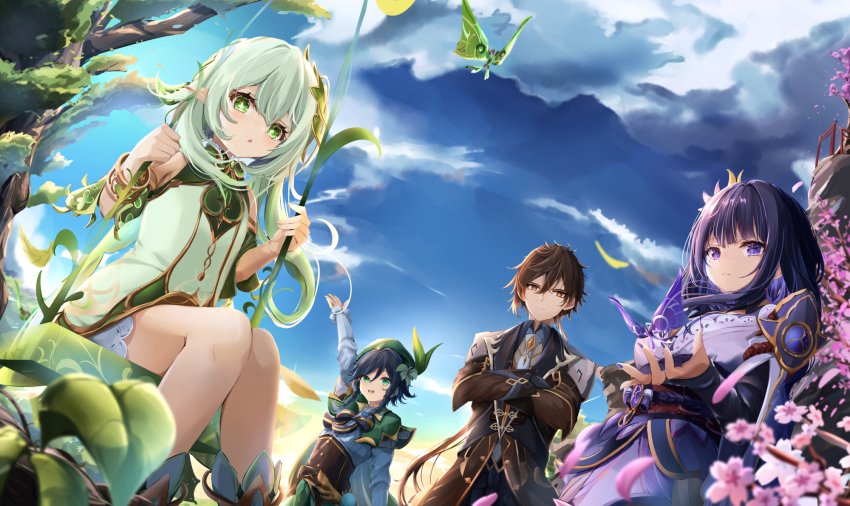 2boys, 2girls, :d, ahoge, armor, black_hair, blue_sky, blunt_bangs