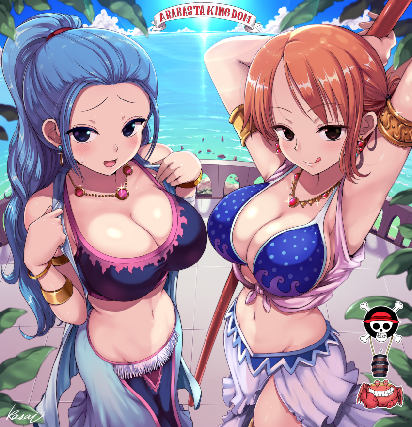 2girls, :q, armlet, armpits, arms_up, bare_shoulders, bikini, bikini_top_only