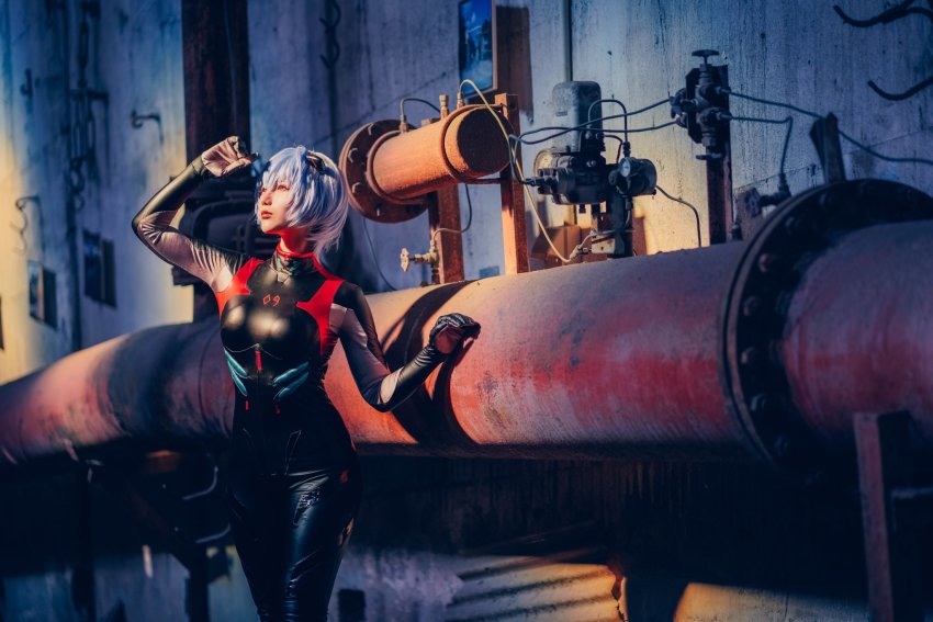ayanami_rei, ayanami_rei_(cosplay), black_suit, cosplay, formal_clothes, glico_happy, highres, looking_up, neon_genesis_evangelion, rust, suit, tubes