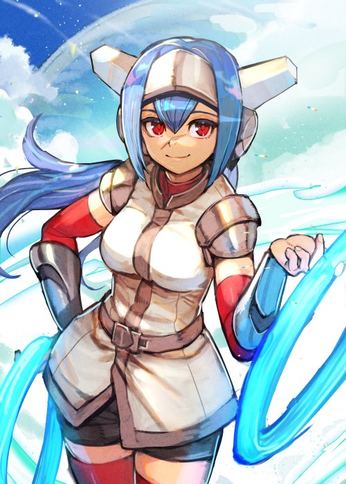 armor, black_shorts, blue_hair, blue_sky, boots, breasts, closed_mouth, cloud