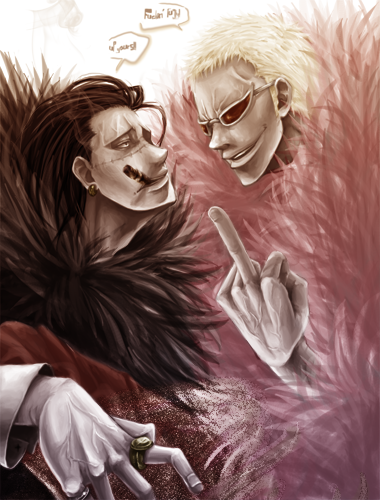2boys, black_hair, blonde_hair, cigar, crocodile_(one_piece), donquixote_doflamingo, earrings, jewelry, lowres, male_focus, middle_finger, multiple_boys, one_piece, ring, sand, scar, smoking, sunglasses, un0000