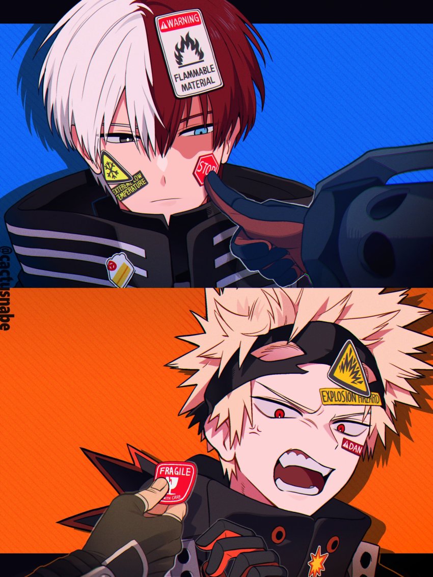 2boys, anger_vein, angry, artist_name, bakugou_katsuki, bangs_pinned_back, black_gloves, black_outline