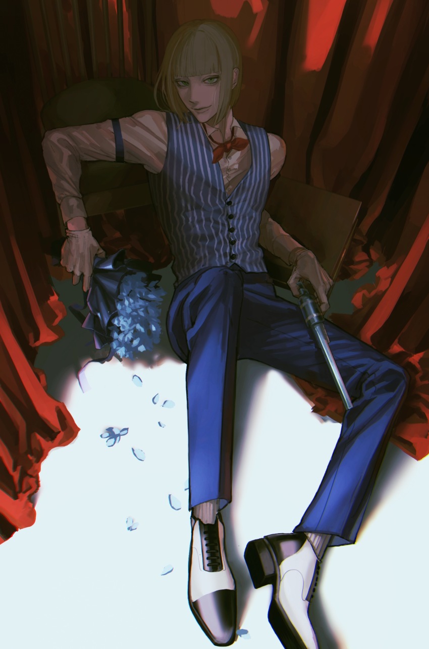 1boy, absurdres, blonde_hair, blue_flower, blue_pants, blue_vest, blunt_bangs, blunt_ends