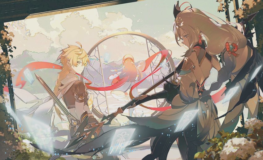 1boy, 2girls, aether_(genshin_impact), ahoge, black_bodysuit, black_gloves, black_hair, blonde_hair, blue_eyes, bodysuit, bonnet, braid, single_breast_curtain, breasts, bush, chinese_clothes, clothing_cutout, cloud, dress, dutch_angle, earrings, from_behind, genshin_impact, gloves, gold_trim, hair_ornament, highres, hip_vent, holding, holding_polearm, holding_sword, holding_weapon, hollning, jewelry, large_breasts, lolita_fashion, long_hair, looking_back, low-braided_long_hair, low-tied_long_hair, mountainous_horizon, multiple_girls, partially_fingerless_gloves, polearm, purple_dress, qi_lolita, reverse_grip, scarf, shenhe_(genshin_impact), shoulder_cutout, side_cutout, sidelocks, single_braid, spear, sword, tassel, tassel_earrings, very_long_hair, weapon, white_hair, white_scarf, yellow_eyes, yun_jin_(genshin_impact)