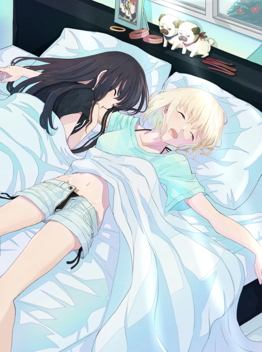 2girls, bed, bed_sheet, bikini, bikini_under_clothes, black_bikini, black_hair, black_shirt