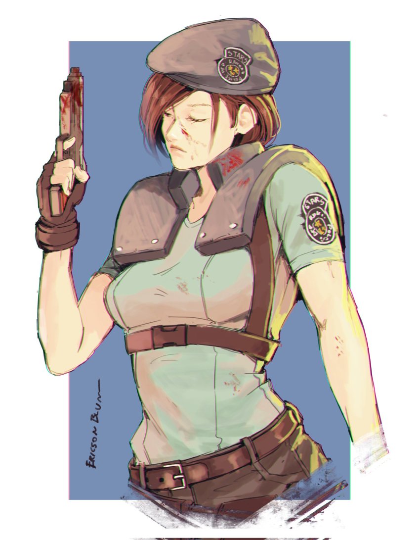 1girl, blood, breasts, brown_hair, closed_eyes, ericson_blum, fingerless_gloves, gloves