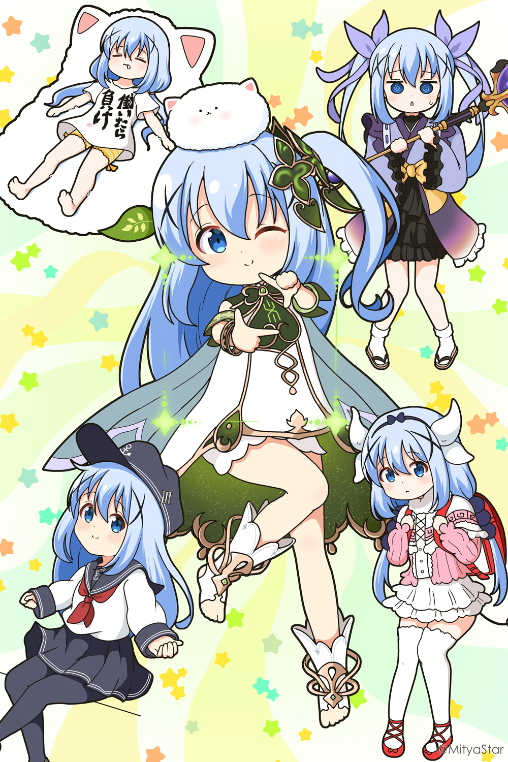 5girls, ;), @_@, angora_rabbit, animal, animal_on_head, backpack, bag, black_hairband, black_headwear, black_sailor_collar, black_skirt, blue_eyes, blue_hair, closed_mouth, commentary_request, cosplay, dragon_horns, dress, finger_frame, flat_cap, frilled_sleeves, frills, futaba_anzu, futaba_anzu_(cosplay), genshin_impact, gochuumon_wa_usagi_desu_ka?, hair_between_eyes, hair_ornament, hairband, hat, hibiki_(kancolle), hibiki_(kancolle)_(cosplay), highres, holding, holding_staff, horns, idolmaster, idolmaster_cinderella_girls, japanese_clothes, kafuu_chino, kanna_kamui, kanna_kamui_(cosplay), kantai_collection, kimono, kobayashi-san_chi_no_maidragon, kyoka_(princess_connect!), kyoka_(princess_connect!)_(cosplay), long_hair, long_sleeves, mitya, multiple_girls, multiple_views, nahida_(genshin_impact), nahida_(genshin_impact)_(cosplay), neckerchief, on_head, one_eye_closed, one_side_up, orb, pink_shirt, princess_connect!, purple_kimono, rabbit, randoseru, red_neckerchief, sailor_collar, school_uniform, serafuku, shirt, short_shorts, shorts, skirt, sleeves_past_wrists, smile, staff, star_(symbol), star_symbol_background, striped_clothes, striped_shorts, sweat, tippy_(gochiusa), very_long_hair, white_dress, white_shirt, white_shorts, wide_sleeves