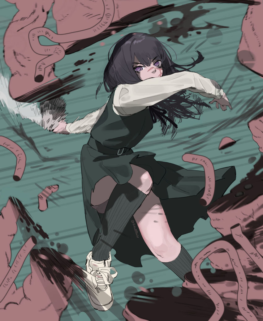 1girl, black_hair, black_socks, chainsaw_man, cross_scar, cutting, dress, highres