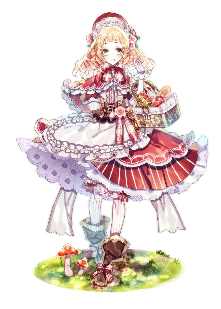 1girl, :d, ankle_boots, apple, apron, back_bow, basket, blonde_hair