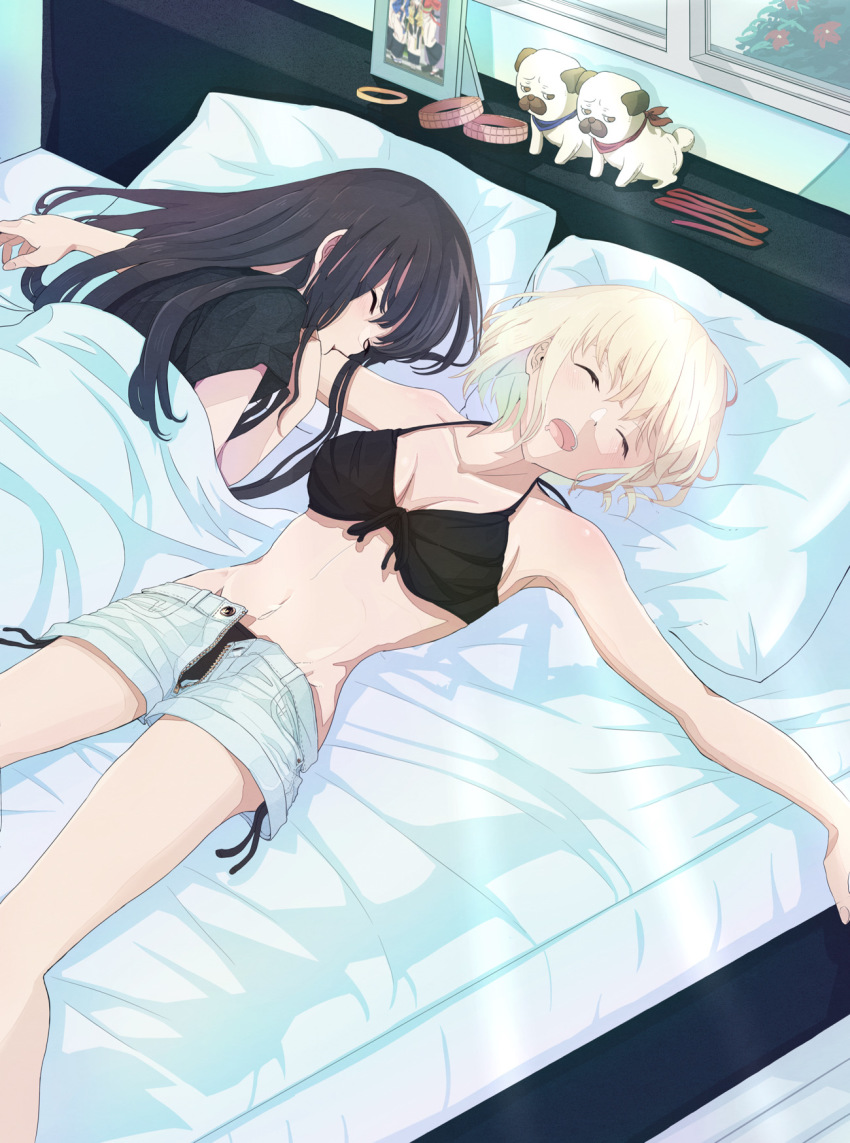 2girls, bed, bed_sheet, bikini, bikini_under_clothes, black_bikini, black_hair, black_shirt, blonde_hair, breasts, breasts_apart, closed_eyes, futaba_(rei-futaba), groin, highres, indoors, inoue_takina, lycoris_recoil, lying, medium_breasts, midriff, multiple_girls, navel, nishikigi_chisato, on_back, on_bed, on_stomach, open_fly, open_mouth, pillow, saliva, shirt, shorts, side-tie_peek, sleeping, swimsuit, t-shirt, unbuttoned, unzipped, white_shorts, window, yuri, zipper, zipper_pull_tab