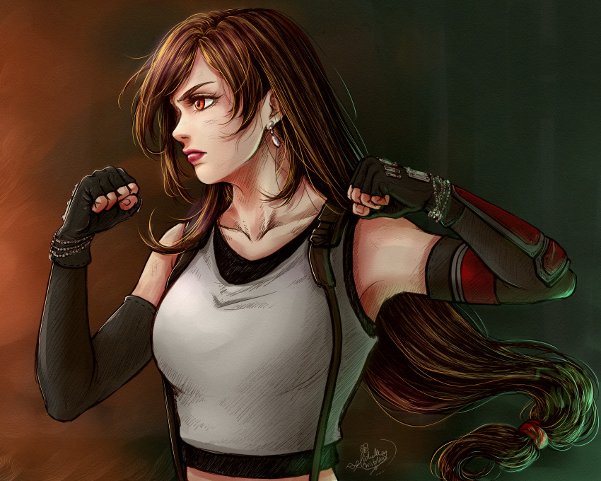 1girl, absurdres, arm_guards, armpits, bare_shoulders, black_gloves, black_hair, bracelet, breasts, brown_hair, clenched_hands, closed_mouth, collarbone, crop_top, earrings, elbow_gloves, fighting_stance, final_fantasy, final_fantasy_vii, final_fantasy_vii_remake, fingerless_gloves, gloves, hands_up, highres, jewelry, long_hair, low-tied_long_hair, medium_breasts, michelle_kristolia, red_eyes, red_lips, serious, signature, solo, suspenders, tank_top, tifa_lockhart, undershirt, upper_body, white_tank_top