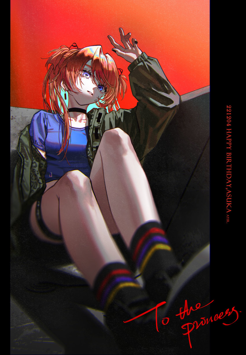 1girl, absurdres, ange-yi, black_nails, blue_eyes, blue_shirt, choker, dated, english_text, green_jacket, happy_birthday, highres, jacket, long_hair, nail_polish, neon_genesis_evangelion, red_hair, shirt, sitting, solo, souryuu_asuka_langley, twintails