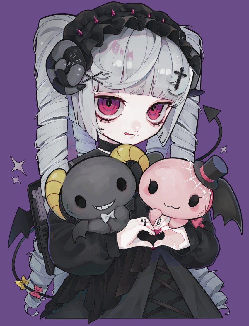 1girl, :q, berry_(sanrio), black_dress, black_hairband, blunt_bangs, cherry_(sanrio), commentary, creature, curled_horns, demon_girl, demon_tail, dress, drill_hair, english_commentary, frilled_dress, frilled_hairband, frills, gothic_lolita, grey_hair, hairband, heart, heart_hands, highres, horns, licking_lips, lloromannic, lolita_fashion, lolita_hairband, long_hair, long_sleeves, looking_at_viewer, my_melody_(series), nail_polish, personification, quad_drills, quad_tails, red-framed_eyewear, red_nails, sanrio, sheep_horns, tail, tira_27, tongue, tongue_out, very_long_hair