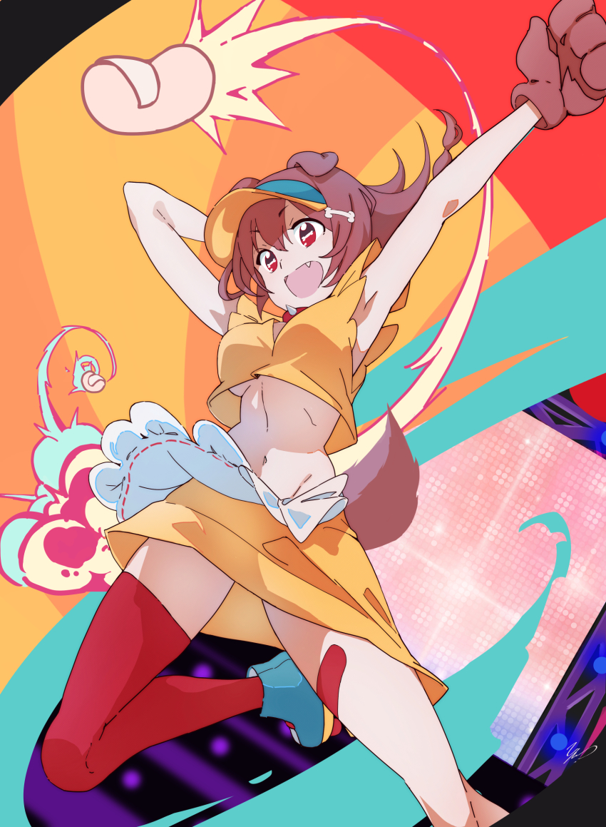 1girl, animal_collar, animal_ears, animal_hands, apron, armpits, arms_up, bone-shaped_pupils